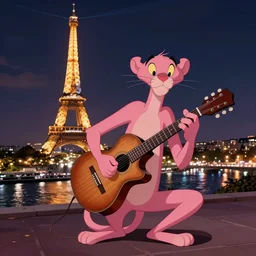 django reinhardt playing guitar, background paris at night in the style of the pink panther show cartoon, 4 k