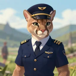 character portrait feature of the anthro female anthropomorphic puma bobcat mountain lion fursona wearing airline pilot outfit uniform professional pilot for delta airlines character design stylized by charlie bowater, ross tran, artgerm, and makoto shinkai, detailed, soft lighting, rendered in octane, peru in background