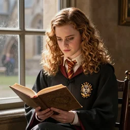 portrait of Emma Watson as Hermione Granger sitting next to a window at Hogwarts reading a book, focused expression, golden hour, art by Kenne Gregoire, trending on artstation