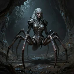 creepy matte painting of an armored female centaur with eight spider legs in a dark cave, ultra detailed, monster, half human half spider, human torso and head, human face, spider thorax, creature design, concept art, dnd, dndbeyond, d & d, 8 k, moody lighting, muted colors, blue tone light, dramatic lighting