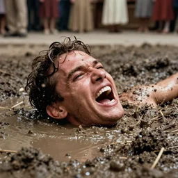 1 9 7 0 s movie still close - up of a white man screaming drowning in a mud puddle, ballroom backround, cinestill 8 0 0 t 3 5 mm eastmancolor, heavy grain, high quality, noir, natural textures, photorealistic, ambient occlusion, hd, ultra wide lens, anamorphic, fade color