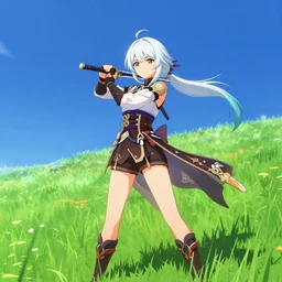 photorealistic Saul Goodman meets a beautiful anime swordfighter girl with white hair on a bright green grassy hill with a deep blue sky in Genshin Impact, pixiv, game art, digital art, anime screenshot, kyoto animation, makoto shinkai, trending on artstation