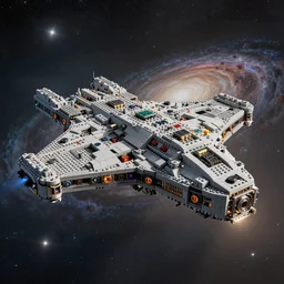gigantic spaceship made with grey legobricks, flying in the galaxy