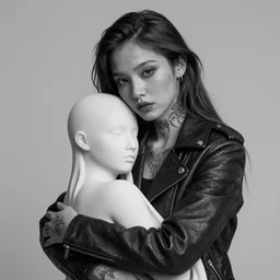 Hot young woman, grey skin, void eyeballs, tattoos, wearing a leather jacket, hugging a shrouded person as they cry on her chest, comforting, touching, wholesome, watercolour, big sister, little brother, 4k