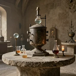 a complex ancient alchemists interior, 4 k, stone table, giant athanor, alembic, beakers full of liquid, knobs, glass orbs, candle lighting, octane render, natural color scheme, architectural photography, f 3 2, still from movie by david lynch,