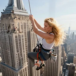 a giant blonde woman climbing the empire state building, highly detailed, great lighting, 4 k