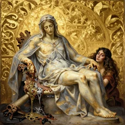 masterpiece ultrarealistic ultradetailed la pieta medium shot painting of catholic veiled transparent lady with rotting still life, slime, lawrence alma - tadema, hajime sorayama, immerse, special effects makeup, 1 9 th, maximalist, glittering, gold, ivory, hyperreal, golden ratio, alphonse mucha