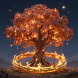 concept art of fairies ring - around - the - rosey around a giant tree, the branches are on fire, and stars are falling down from the sky, by wlop, artstation, octane render, golden ratio