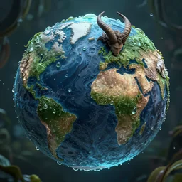 in world of dew, and within every dewdrop a world of struggle., fantasy intricate elegant under, lush volumetric lighting 3 d modelling a man with horns
