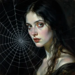 a beautiful terrifying painting dark gothic close up woman in a spider web, by raymond swanland, gaston bussiere craig mullins alphonse mucha basil gogos norman rockwell takato yamamoto, wlop, moebius syd mead roger dean