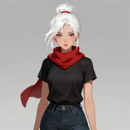 portrait of a girl with white hair in a messy hairbun. She is wearing a short black tshirt, jeans pants, a red scarf. digital art, character design. in the style of wlop, rossdraws, artstation trending