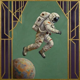 insane _ detail _ textured _ art _ deco _ painting _ of _ astronaut _ running _ on _ surface _ of _ tiny _ planet _ full _ body _ flying _ from _ bottom _ left _ to _ top _ right _ muted _ greens _ and _ browns _ geometric _ gold _ and _ deep _ purple _ vaporwave