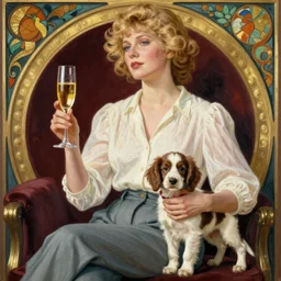 blonde woman in trousers and a blouse with glass of champagne in her hand and spaniel puppy on her lap. bordeaux background. art by louis theophile hingre and alphonse mucha