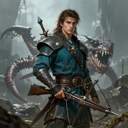 Arrogant half elf ranger with shaggy brown hair and a teal tunic holding a magical crossbow, dead kraken in background, epic, fantasy art