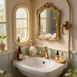 steampunk bright tiny bathroom in the warm morning light, soap, bubbles, small perfumes, beautifully lit, painting, high resolution, trending on artstation