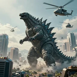 photograph of Godzilla destroying a futuristic city while military helicopters fly over him, smoke and destruction, highly detailed, photorealistic