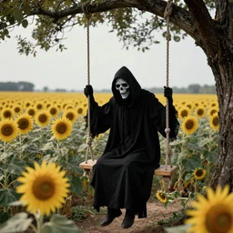 a photo realistic dreamlike depiction of beautiful grim reaper sitting on a tree swing before a field of sunflowers, legendary grainy 1 8 0 0 photo by greg rutkowski and craig mullins, todd mcfarlane