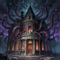 bank and newspaper on one street, in style of mansion o madness wallpaper, 1 8 century, arkham horror, tentacles, evil fluid, dramatic, heroic, fear, insane, terrific, insane, lovecraft illustration, particles, by asher brown durand, by yoshitaka amano, fantasy digital art, colorfull, bokeh effect