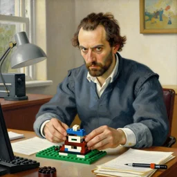 A painting of Yair Lapid playing with legos in his office with a stern look, by Jan Van Eyck, detailed