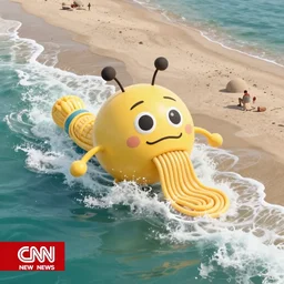 CNN news footage taken from above. A huge Flying Spaghetti Monster is washed up on the beach.