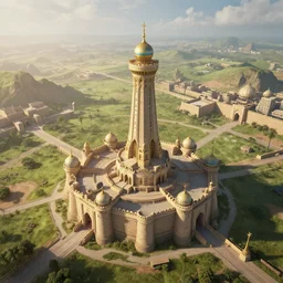 beautiful render of caliphate of djinni, unreal engine, fantasy style, epic landscape, guard tower, castle, drone shot, soft light, by greg rutkowski, cgsociety