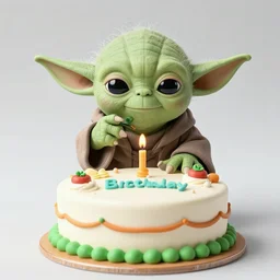a photograph of yoda eating a fancy birthday cake