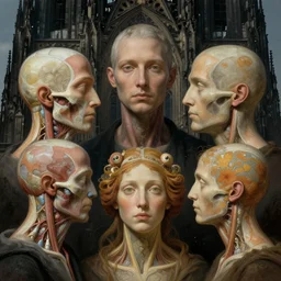 human head morphs in together with a gothic cathedral, anatomically correct medical photography, moody, highly detailed digital painting, artstation, rule of thirds, sharp focus, art by raphael, john william godward, ernst haeckel, alphonse mucha, francois schuiten