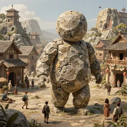 a human made of rock, entering a busy fantasy village, highly detailed, smooth, artstation, digital illustration by ruan jia and mandy jurgens and artgerm and wayne barlowe and greg rutkowski and zdislav beksinski