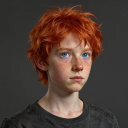 a hyper real portrait painting of tall, thin, 1 5 - year - old boy with a long nose, a lot of freckles, fiery red hair, and bright blue eyes, 4 k, 8 k, d & d concept art, unreal 5, daz, hyperrealistic, octane render, cosplay, rpg portrait, dynamic lighting