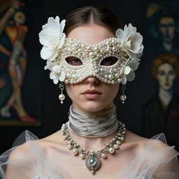 a futuristic portrait covered by mask made of wires and pearl and white plastic flowers, necklace made by wires and gauzes twisted around neck, design by leonardo davinci, inspired by egon schiele, balenciaga, modern art, baroque art jewelry, new classic, fashion design, photorealistic, hyper realistic, cinematic composition, cinematic lighting, fashion design, concept art, hdri, 8 k