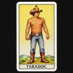 a beautiful tarot!! card of a handsome! shirtless! cowboy wearing cowboy hat and boots with a chubby! build and beer belly! next to a campfire!!!, homoerotic!!, art deco!!, art nouveau!,  by Walter Crane, by Mark Maggiori, trending on artstation