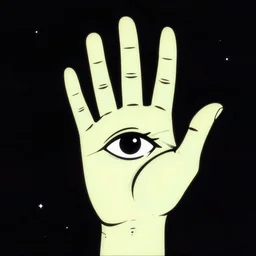 a glowing hand with a beautiful eye in its palm, night, psychedelic, bold black lines, flat colors, minimal 1 9 7 0 s poster illustration