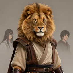 beautiful portrait of a female anthropomorphic lion fursona wearing jedi robes. leather gloves. character design by charlie bowater, ross tran, artgerm, and makoto shinkai, detailed, soft lighting, rendered in octane
