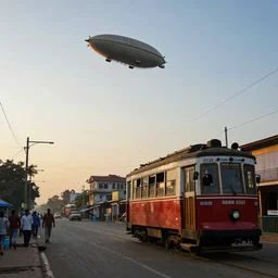 streets of calcutta, tram, sunset, airship in the sky, clear skies in the distance, hyperreal, artstation