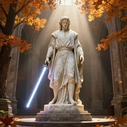 a long wide shot of a marble - statue of a marble - jedi with a marble - lightsaber on a base in a church by ridley scott, god - rays, dramatic light, global illumination, radiant light, unreal 5, daz, hyperrealistic, octane render, dynamic lighting, intricate detail, harvest fall vibrancy, cinematic