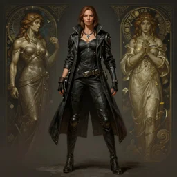 portrait of a full body of beautiful female detective cyberpunk, coat, d & d, fantasy, arcane, flat lighting, intricate, muscular, highly detailed, digital painting, artstation, concept art, smooth, sharp focus, illustration, art by simon bisley and greg rutkowski and alphonse mucha, natural tpose