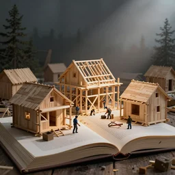 book illustration of small wooden village under construction.  Wooden scaffolding and workers. Atmospheric beautiful by Eddie mendoza and Craig Mullins. volumetric lights