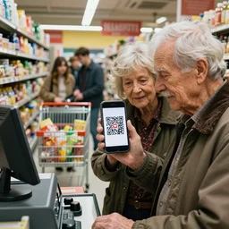 old wrinkled couple in front of the cash registry in a grocery shop, holds up smartphone, smartphone display contains a large qr code, shopping carts are all full of groceries, in the background we see a long long line of young customers, advertisement photo by peter lindbergh