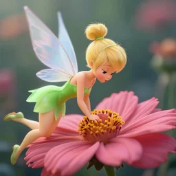 Disney Tinkerbell kissing a big flower, hyper realism, macro shot