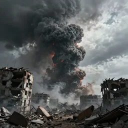 a photo of an awesome dramatic apocalyptic vista scene with smoke and destroyed buildings, dramatic lighting