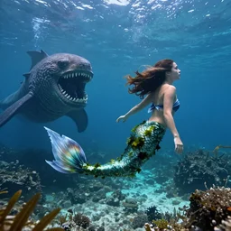 a mermaid with a long eel tail in place of legs that is covered in algae and seaweed while she swims toward the ocean floor accompanied by a very threatening sea monster
