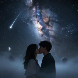 two people kissing in space, milky way, concept art, ethereal, mystical feel, artstation, glow in stars, fog in background, meteor shower on the side, planets on the distant, cinematic scenery,