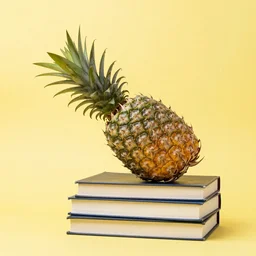 A pineapple resting on a stack of books, yellow background, photography, stock photo, studio lighting