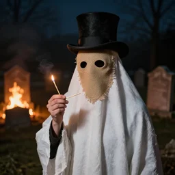 portrait photo still of a spooky ghost wearing a burlap mask holding a match, wearing a top hat, in front of an old cemetery on fire at night, 8 k, 8 5 mm f 1. 8