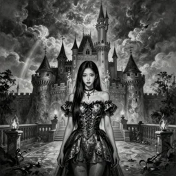 By Tom Bagshaw, ultra realist soft painting of a castle court by night, centered fading Kpop female artist fully dressed, horror, omnious sky, symmetry accurate features, very intricate details, black and white, fading rainbow light, volumetric light clouds, artstation, 8K