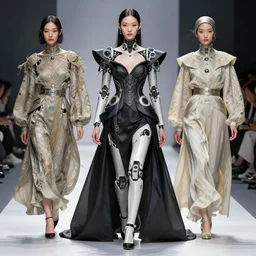 Photorealistic illustration,  crazy clothe fashion showfull body chinese  cyborg  , with fashion clothe, six digital eyes by sorayama , cyberpunk 2077, sci-fi, futuristic, intricate, elegant, highly detailed, digital painting, artstation, concept art, smooth, sharp focus, art by artgerm, greg rutkowski and alphonse mucha