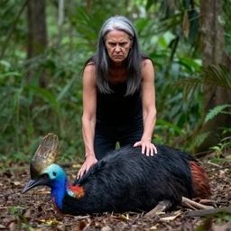 angry middle aged lady standing over a dead cassowary in the jungle, greek ethnicity, thin face structure, uncombed straight grey black hair, photo, realistic, outdoor lighting, 4 k, 8 k, hd, 3 9 mm lens