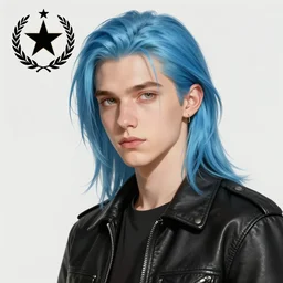 ilya kuvshinov with long hair, sky blue hair, hazel eyes, boyish face, black leather jacket, professional digital painting, concept art, award - winning photography, cinematic, stained glass window, wlop, art by andy warhol, pixiv art, yoshitaka amano
