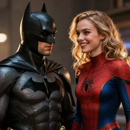Photography, A Batman talking with a Spider woman, big smile