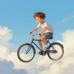 A whimsical painting of a boy riding a bicycle in the sky, flying through the clouds, digital art, artstation, Mandy Jurgens, CGSociety, WLOP